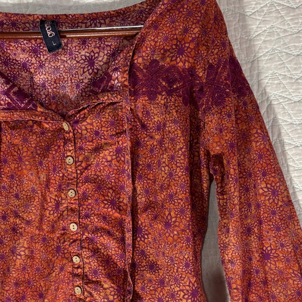 Boho Button-Front Printed Blouse in Rust and Plum - Picture 5 of 9